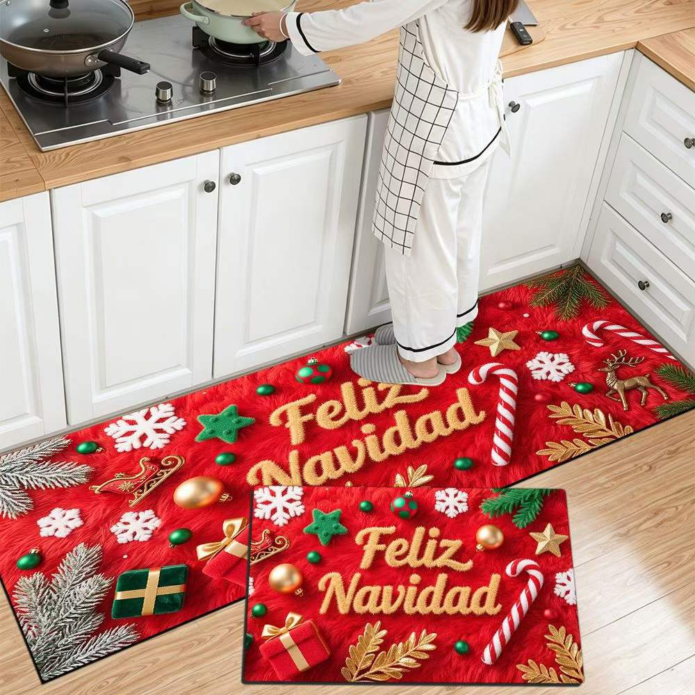 Christmas Kitchen Runner with Tree and Ornament Print | Cushioned Non-Slip Indoor Mat | Festive Floor Decor for Sink and Stove