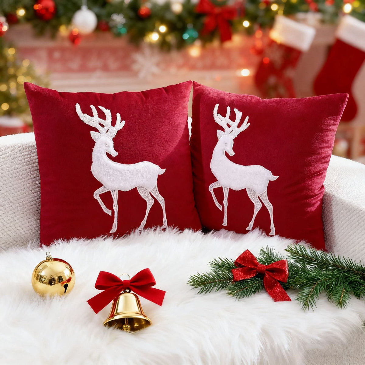 Christmas Living Room Throw Pillow Cover with Deer Silhouette | Removable Case with Discreet Zipper | 42 Designs, 17.72 x 17.72 in