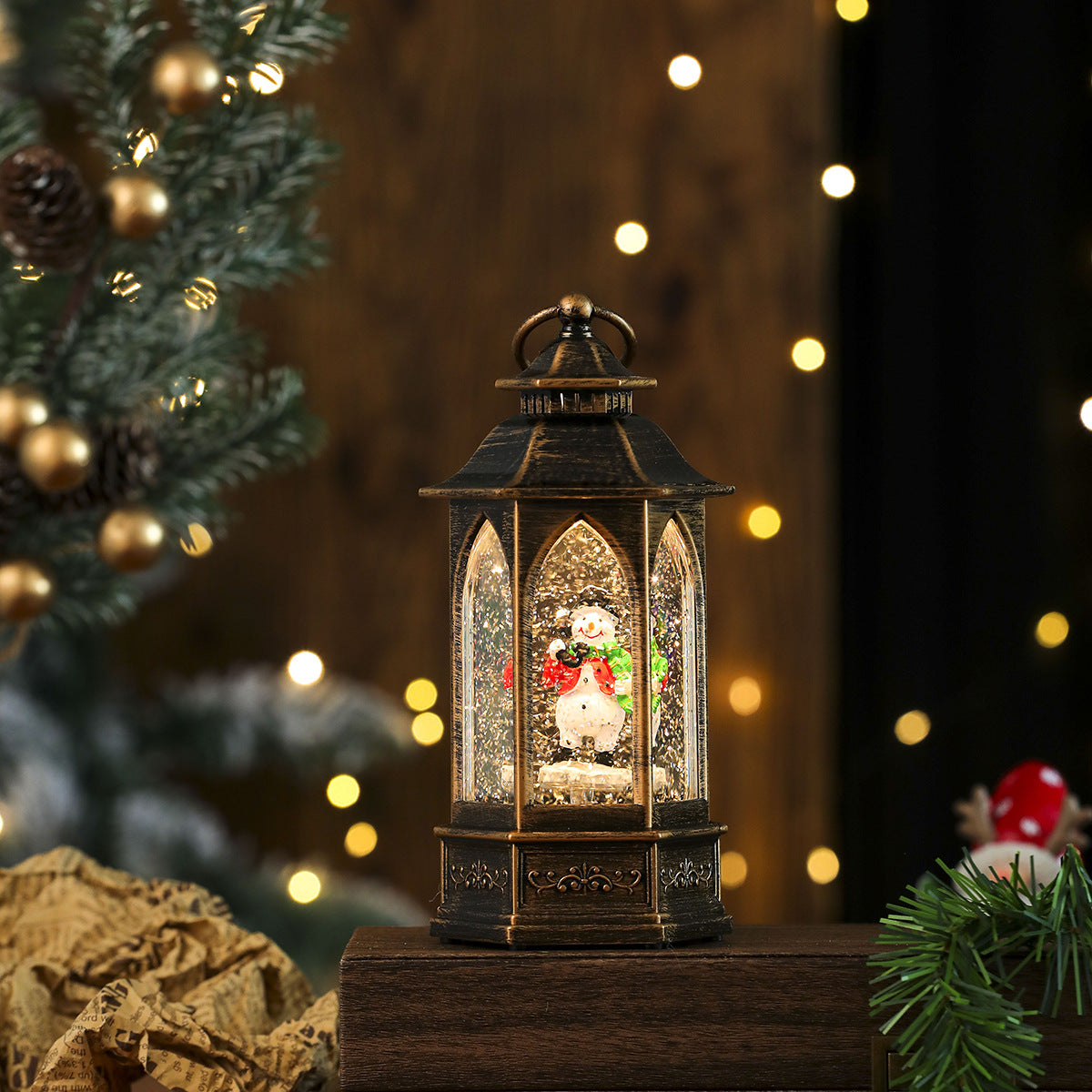 Battery Operated Christmas Lights in a Glitter Filled Lantern | Santa and Snowman Scenes Inside | Warm Cordless Tabletop Decor