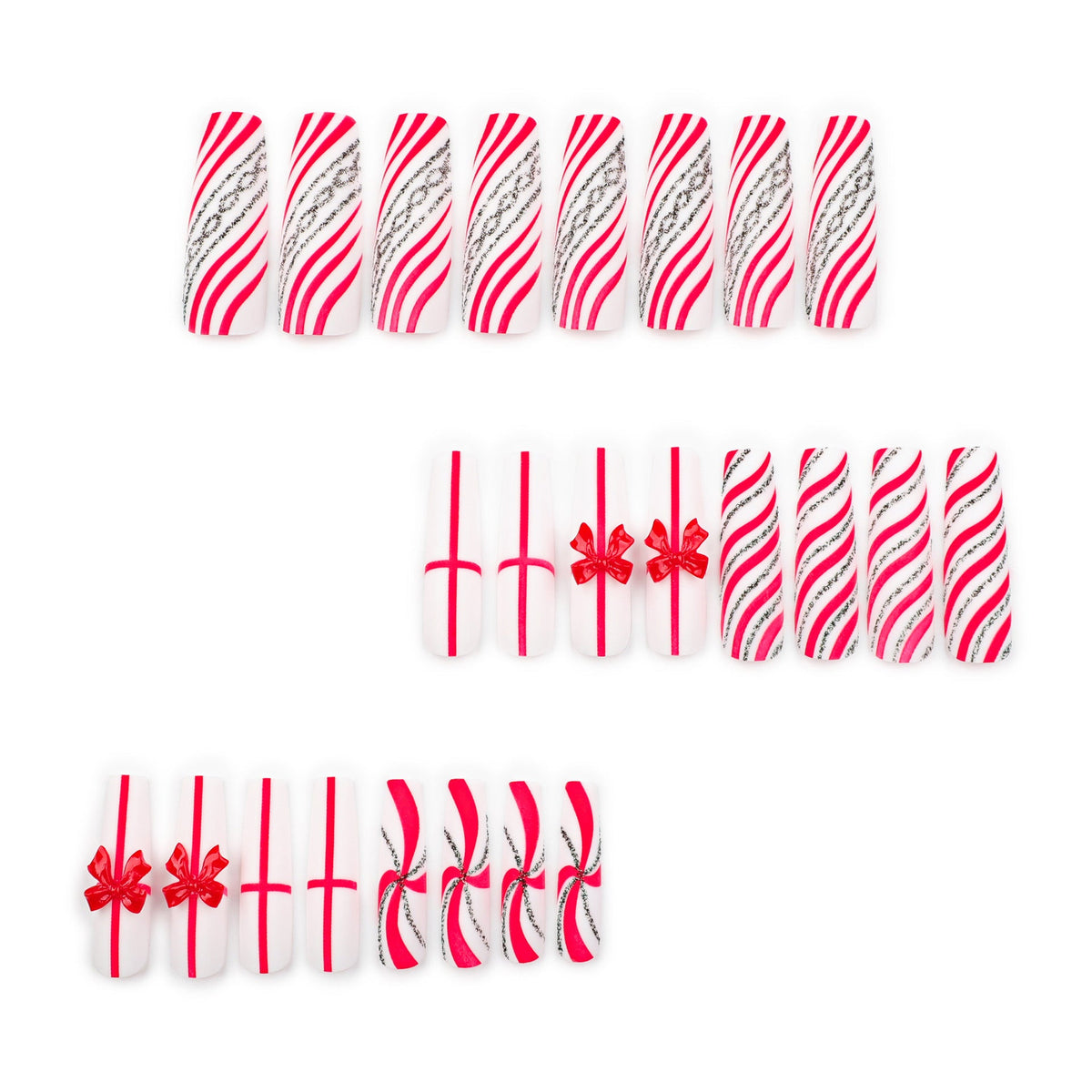 Candy Cane Christmas Press-On Nails in Red and White | Bow and Silver Accent Tips | Durable Acrylic for Festive Parties