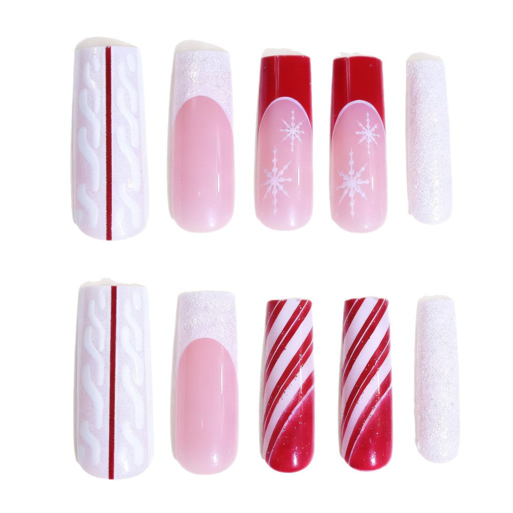Christmas Acrylic Nails with Glitter and Candy Stripe Art | Long Coffin Press On Tips | Comfortable Fit for Parties