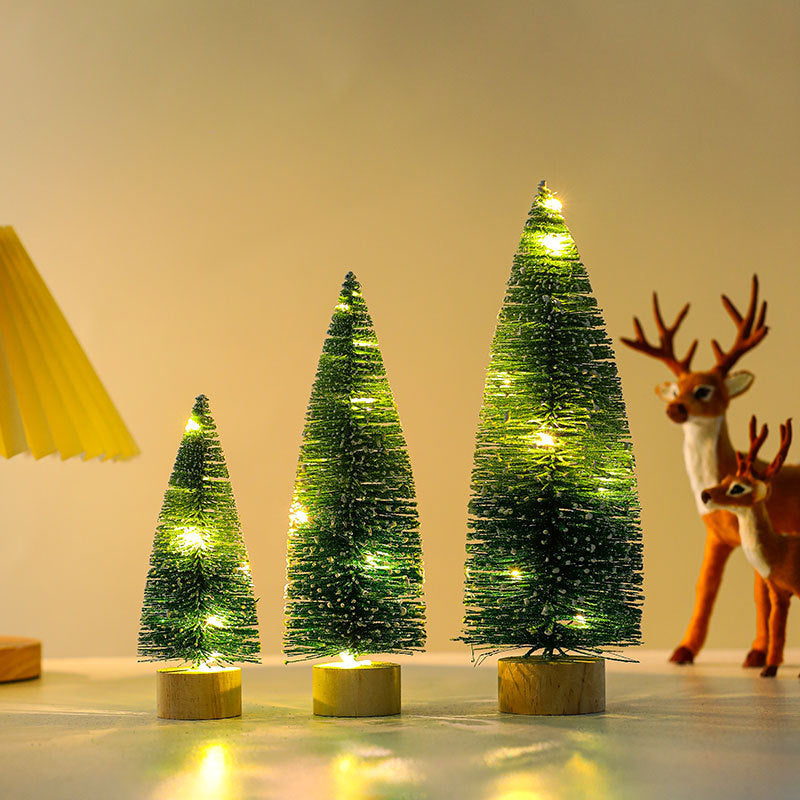 Miniature Artificial Christmas Trees with Delicate Fairy Lights | Realistic Pine Finish on a Wooden Base | Green or Silver
