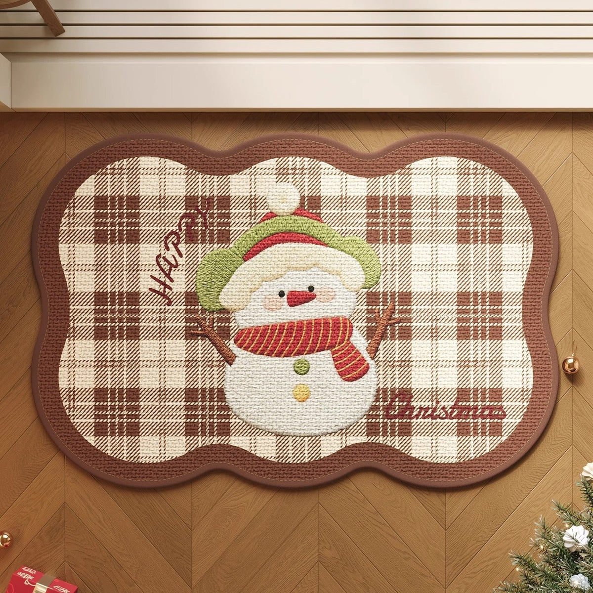 Gingerbread Christmas Door Mat with Snowflake Print | Non-Slip Weather Resistant Fibers | Indoor Outdoor Holiday Decor