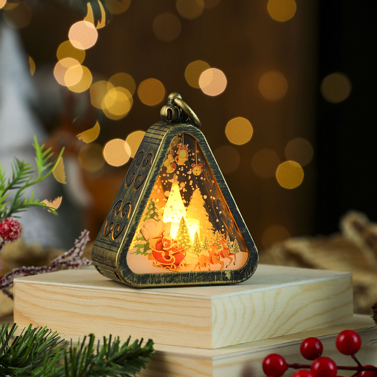 Tree Shaped Christmas Decorations with Santa and a Snowy Scene | Hanging Light Box with On Off Switch | Warm Glow for Indoor Use