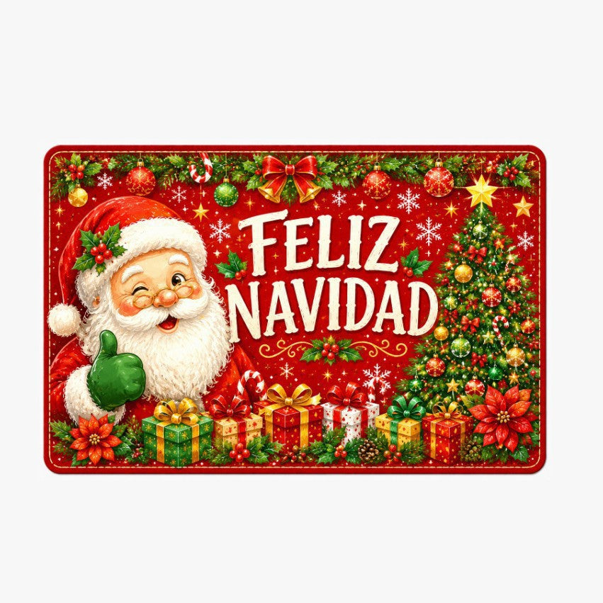 Red and Black Plaid Christmas Door Mat | Ornaments, Snowflakes and Gifts Print | Non-Slip Backing on a Festive Rug
