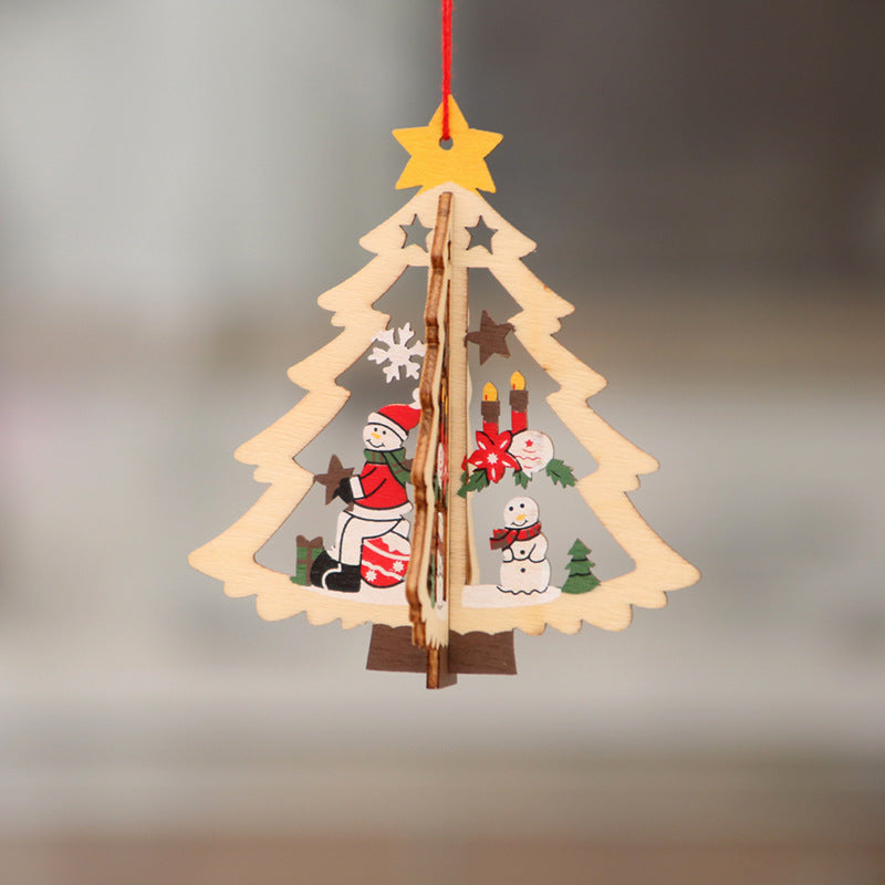 Wooden Christmas Tree Ornaments with Santa and Snowman Art | Red Ribbon for Hanging | Eight Designs for Wall or Table