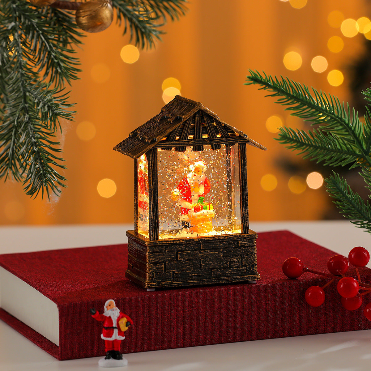 Wooden Lantern with Soft Christmas Lights | Lit Santa Scene and Snowflake Detail | Easy On Off Switch for Tabletop Decor