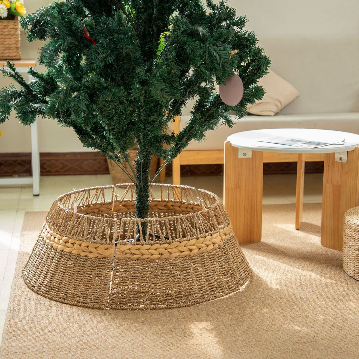 Woven Christmas Tree Stand Cover in Natural Fibres | Rustic Xmas Basket for the Base in Red or Green | Festive Decor