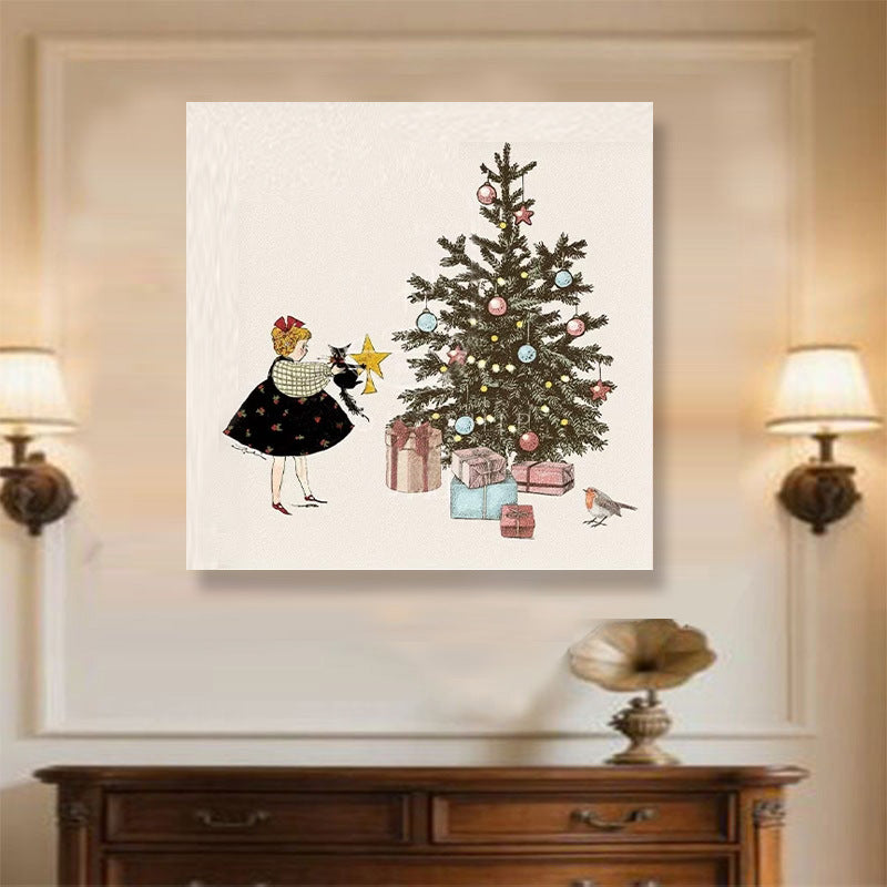 Vintage Christmas Wall Art with a Girl Decorating the Tree | Festive Canvas Print for Nostalgic Decor | 20 x 20 cm