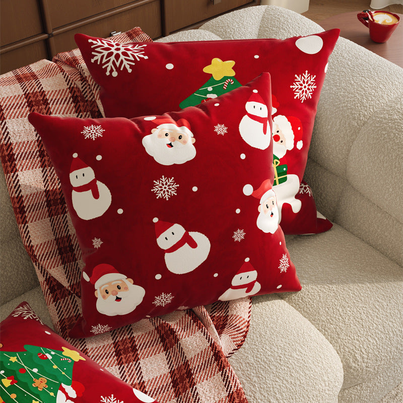 Velvet Christmas Pillow Cover with Plush Tree and Santa Print | Hidden Zipper, Colorfast Finish | Holiday Sofa Decorations
