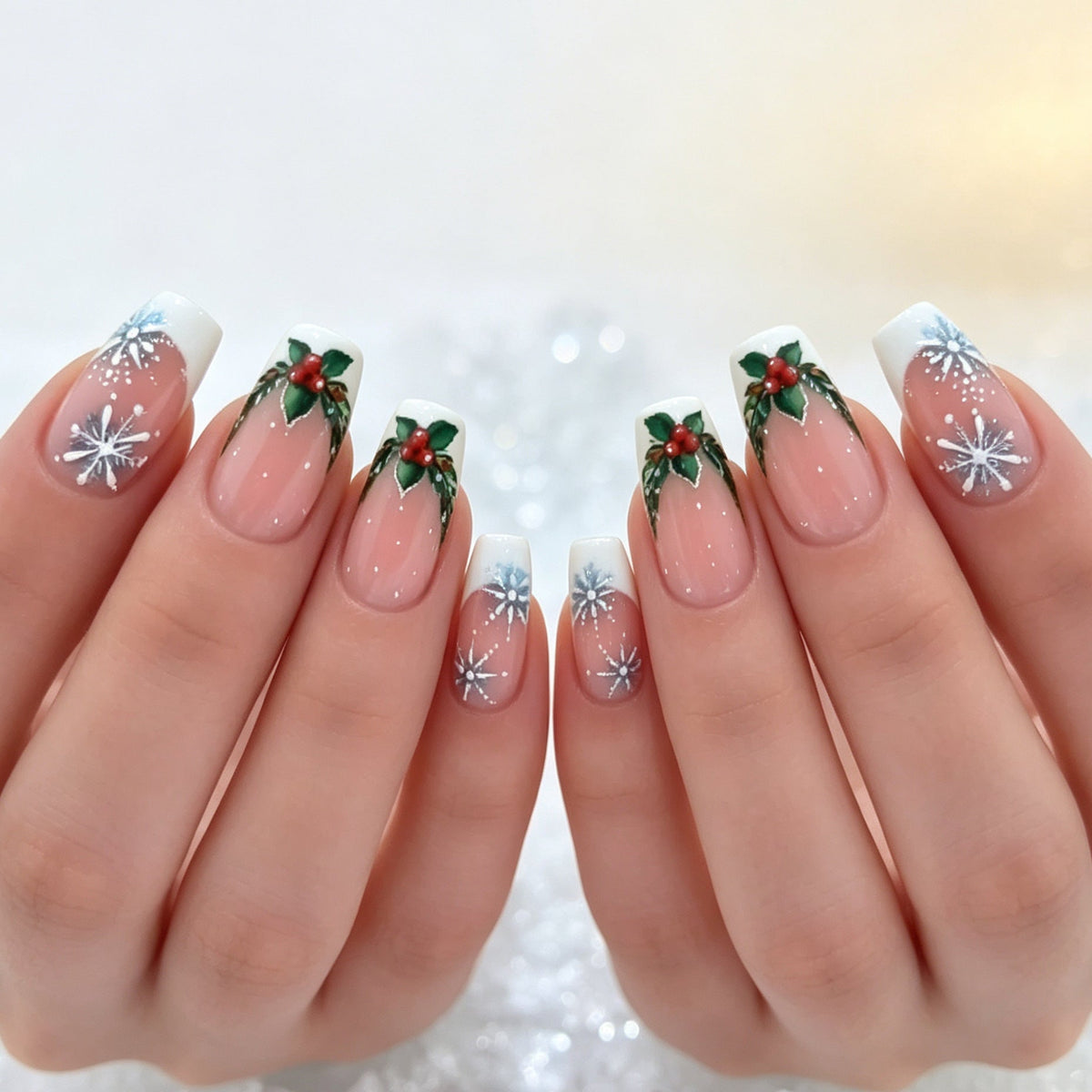 Christmas Press-On Nails with Holly and Red Berry Art | Snowflake Accents on a Nude Base | Chip-Resistant Wear