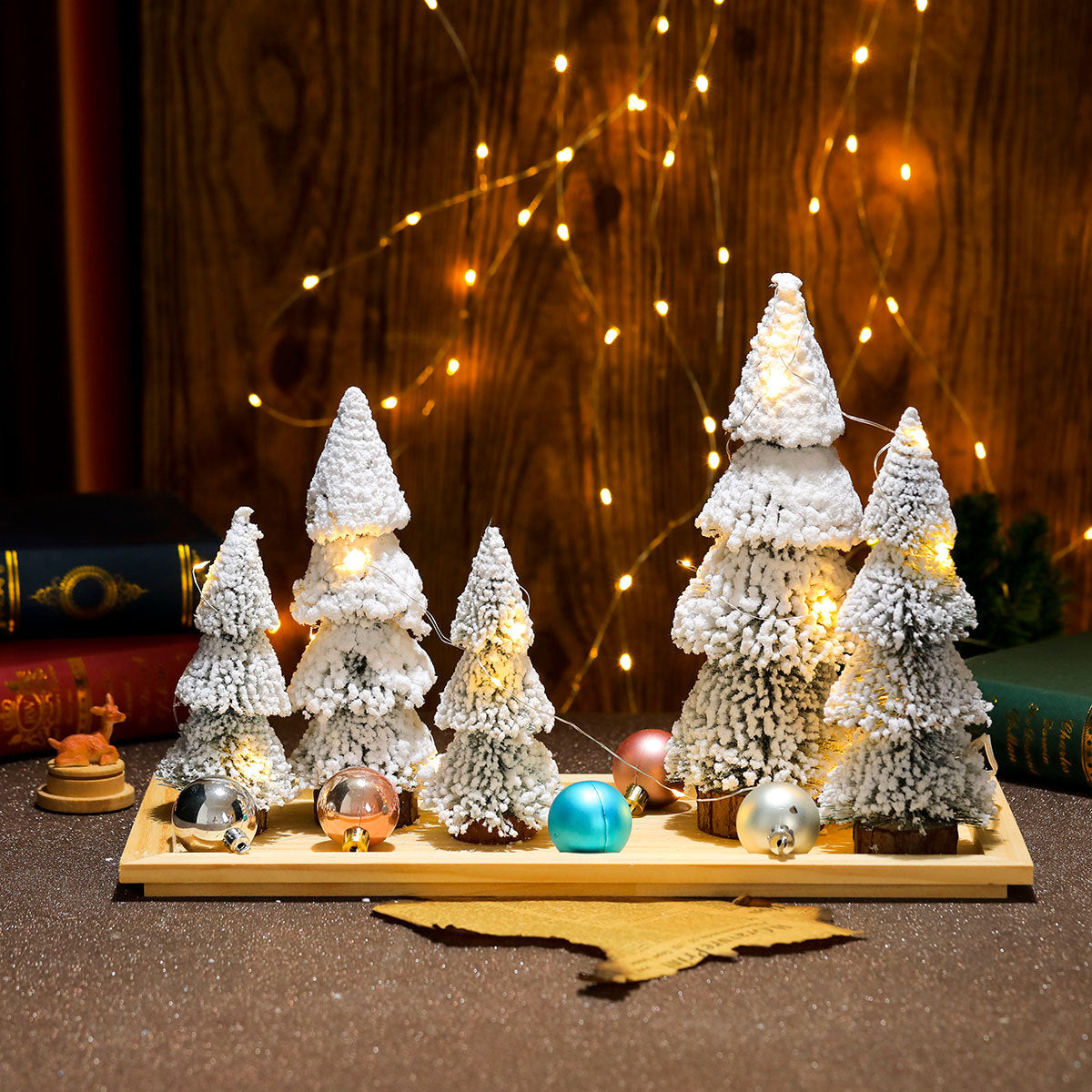 Mini Christmas Tree Set of Five with Warm White Lights | Natural Wood Base | Tabletop and Mantel Holiday Decorations