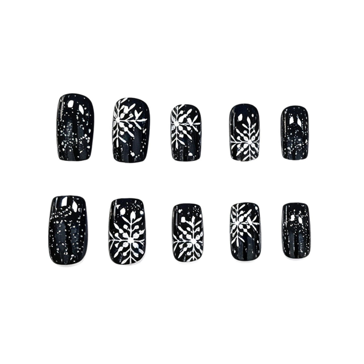 Black Christmas Nails with White Snowflake Art | Long Press-On Tips in a Glossy Finish | Elegant Pick for Winter Parties