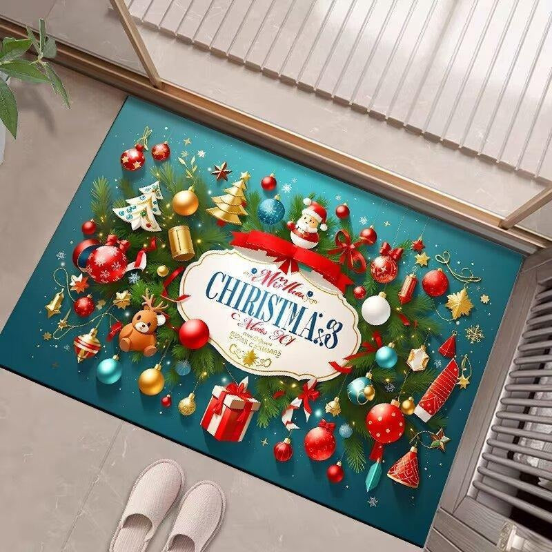 Christmas Door Mat with Merry Santa and Gift Print | Durable Fibers, Strong Underfoot Grip | Indoor Outdoor Entryway Decor