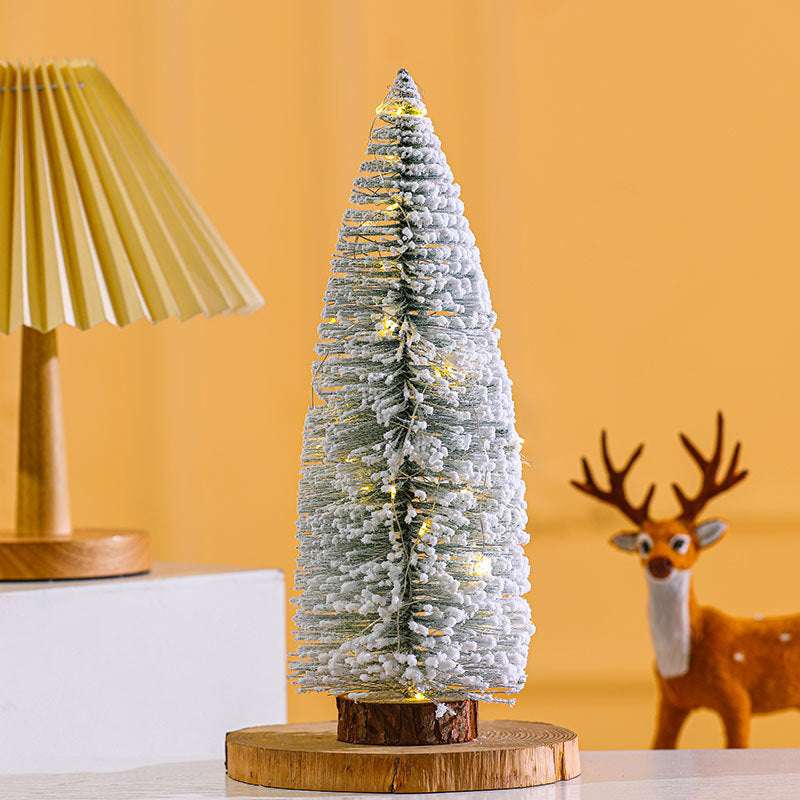 Mini Christmas Tree with Built-In LED Lights | Snow Dusted Finish on a Wooden Base | Warm Glow for Desks and Shelves