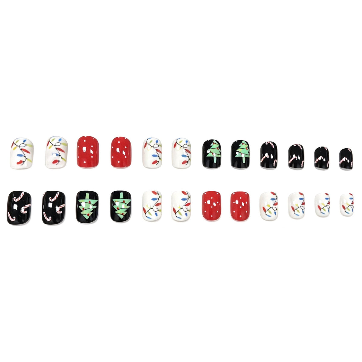 Christmas Light Nails with Tree and Candy Cane Art | Black, Red and White Set | Glossy Long Wearing Shine