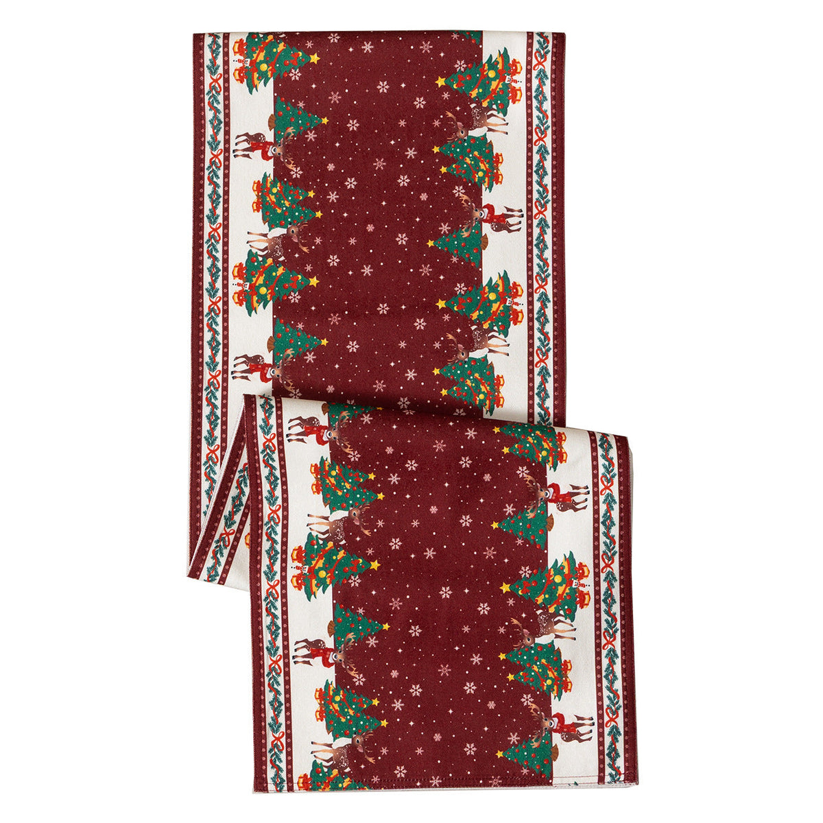 Christmas Table Runner with Reindeer and Star Print | Soft Cotton Blend Weave, Finished Edges | Machine Washable Mat, 5 Lengths