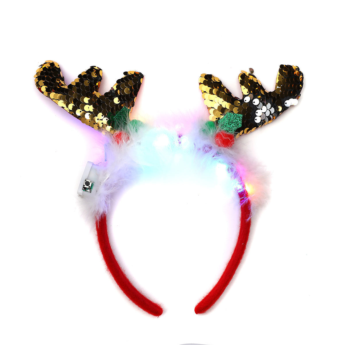Light Up Reindeer Antler Headband with Glitter Foil Accents | Adjustable One Size Party Wear | Festive Christmas Photo Prop