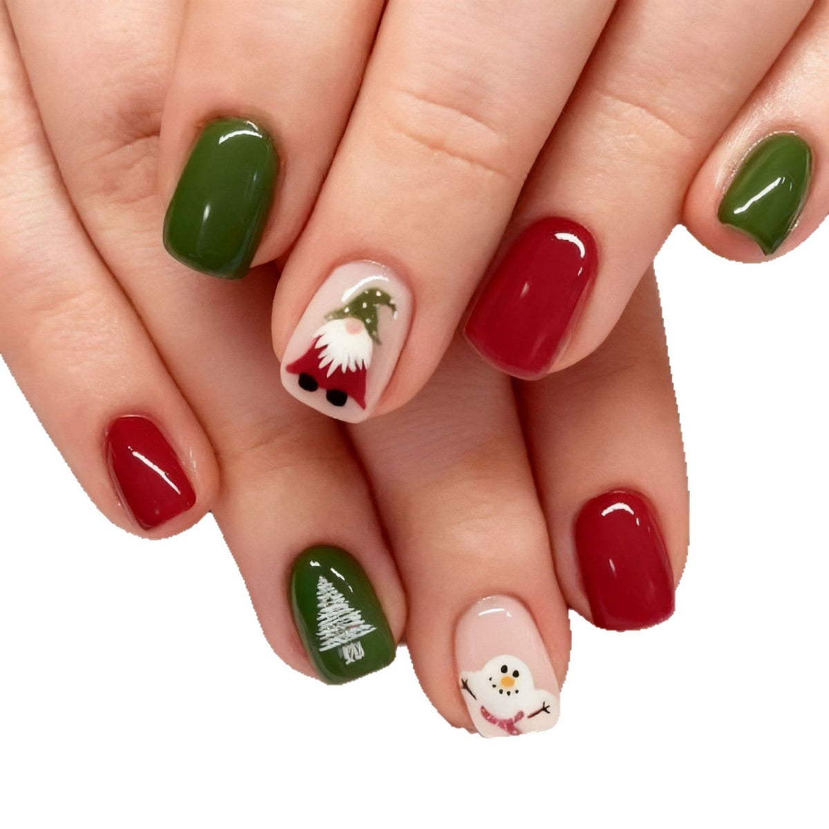 Green Christmas Nails with Tree and Snowman Art | Short Round Festive Set | Gift Boxed with Application Guide
