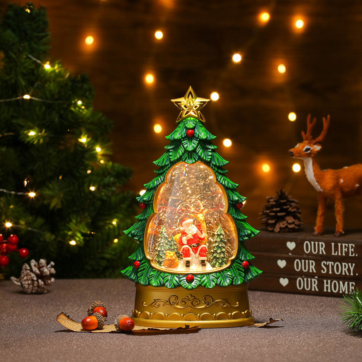 Snowman Inside a Lit Christmas Tree Dome | Star Topper and Painted Ornament Details | Warm LED Glow for Living Room Tables