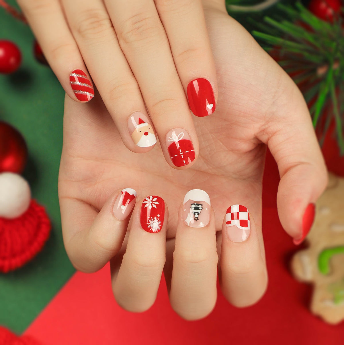 Santa Christmas Nails with Snowflake Accents | Festive Press On Nail Art | Easy Home Manicure for Holiday Parties