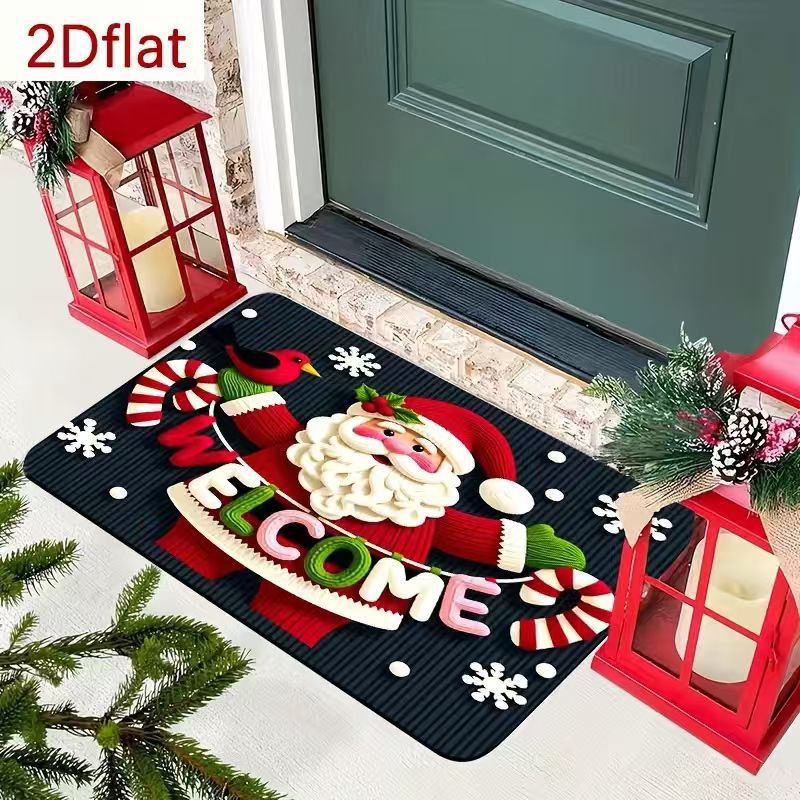 Christmas Door Mat with Reindeer and Santa Hat Design | Non-Slip Weather Resistant Fibers | Festive Entryway Decor for Patios