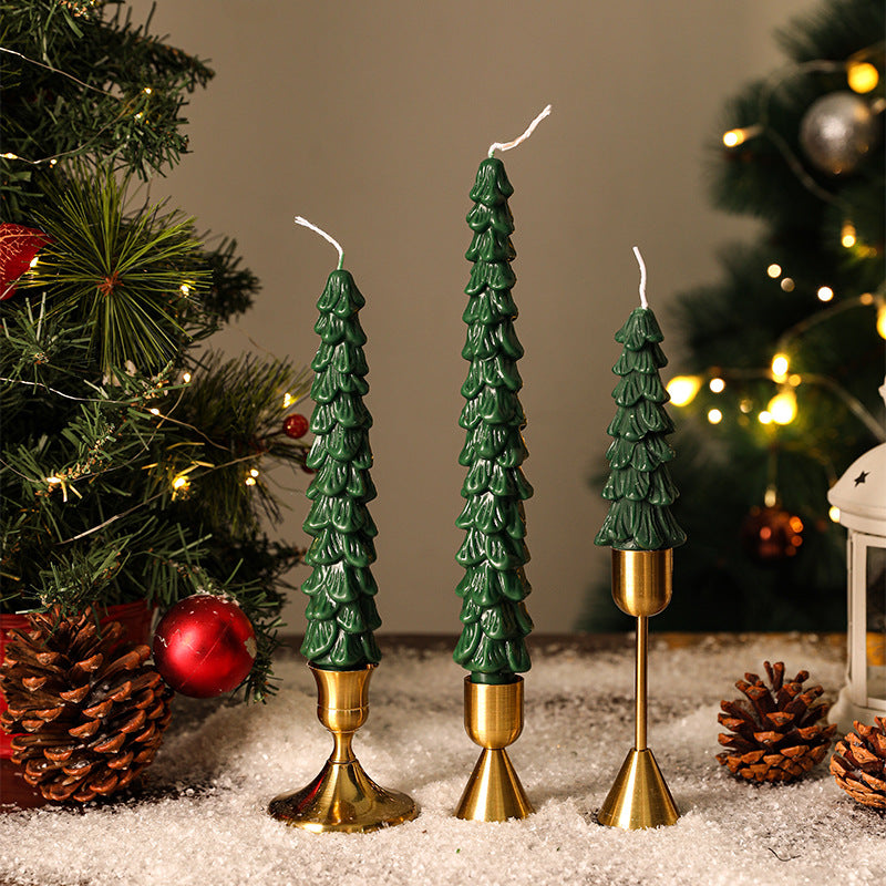Sculpted Pine Christmas Tree Candles with Brass Finish Holders | Trio Set in Graduated Heights | Festive Table Centerpieces