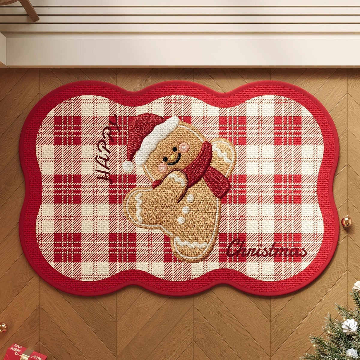 Gingerbread Christmas Door Mat with Snowflake Print | Non-Slip Weather Resistant Fibers | Indoor Outdoor Holiday Decor
