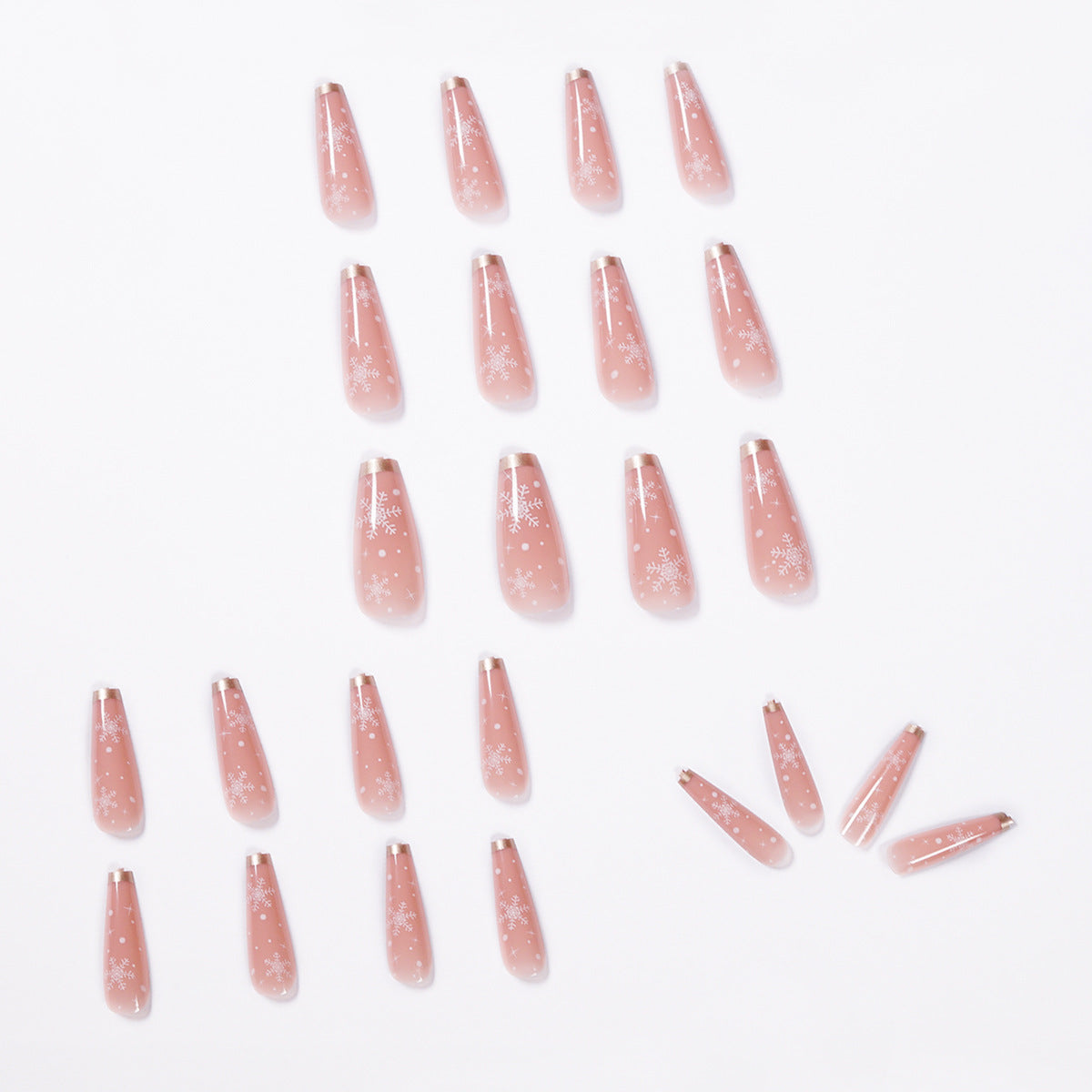 Snowflake Christmas Press-On Nails in Sheer Nude Pink | Long Coffin Tips with White Detail | Salon Look at Home