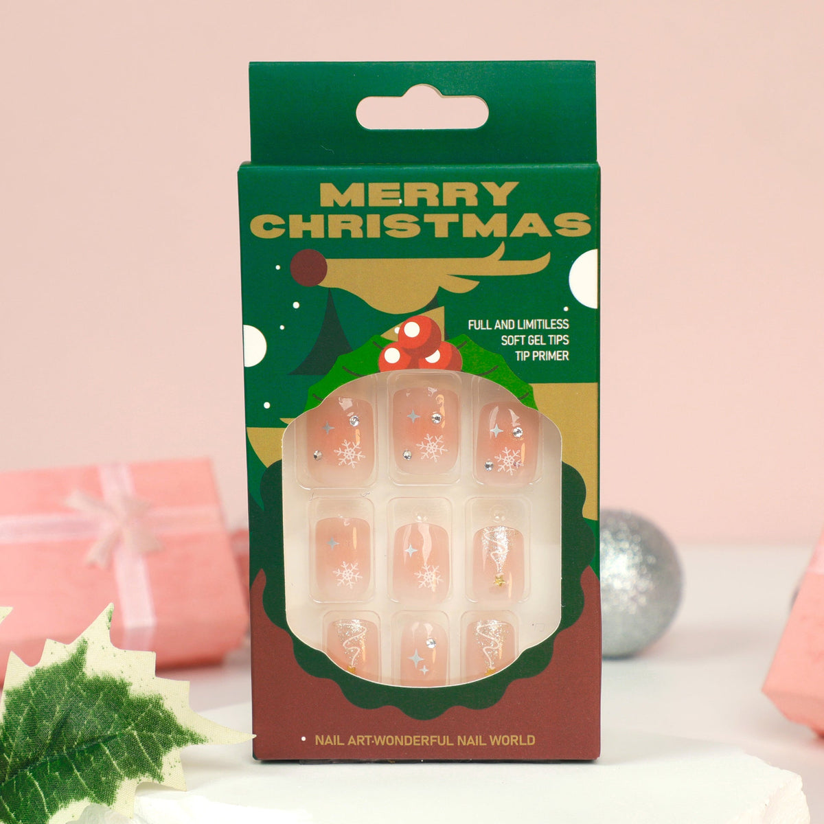 Neutral Christmas Nails with Snowflake and Star Art | Self Adhesive Press On Tips | Lightweight Fit for Daily Wear