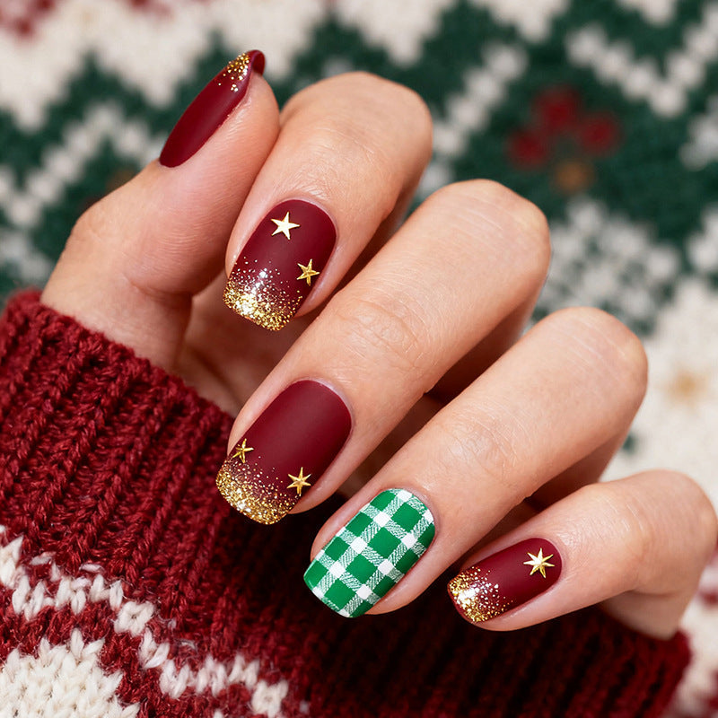 Green Plaid Christmas Nails with Gold Tips | Star Motif Press On Nail Designs | Festive Winter Manicure for Parties