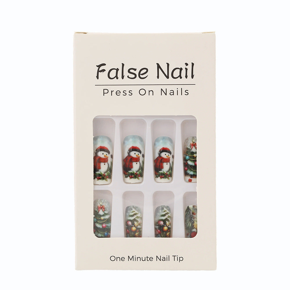 Christmas Nails with Snowmen and Tree Scenes | Press On Nail Set in White | Festive Winter Manicure for Xmas Parties