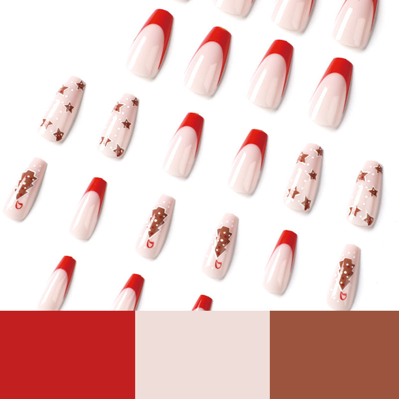 Christmas French Tip Nails in Nude and Red | Long Press On Set with Tree and Star Art | Glitter Accents, Salon Look