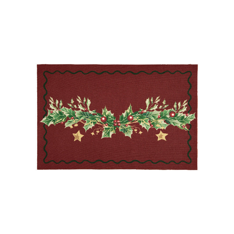 Christmas Placemat Set with Merry Lettering and Holly Accents | Red and Green Scalloped Table Mats | Flat Wipe Clean Decorations
