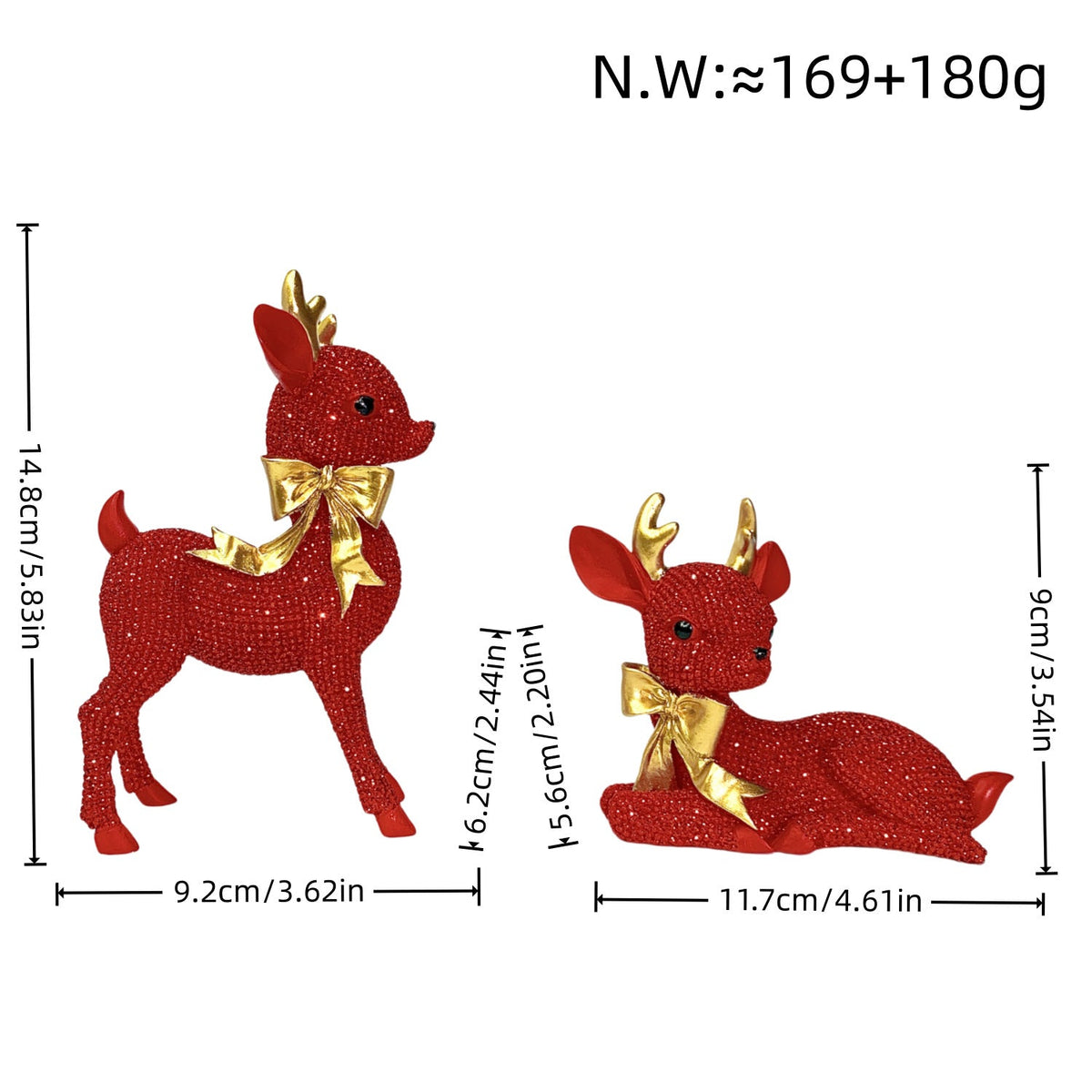 Reindeer Figurine with Glitter Accents and a Festive Bow | Christmas Deer Decor in Gold, Silver, White or Red | Holiday Sculpture