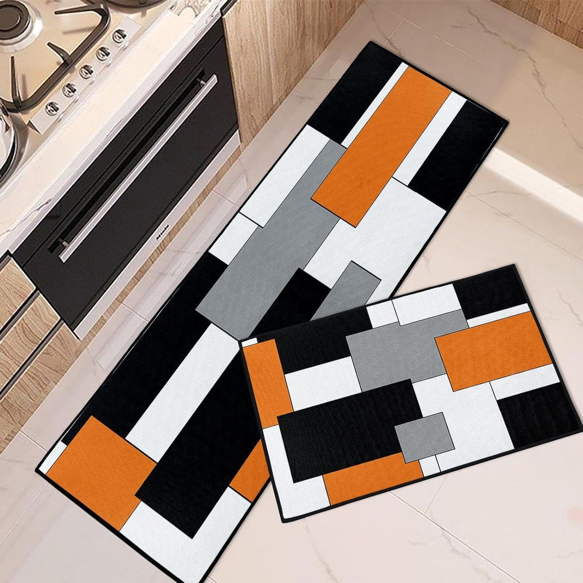 Geometric Kitchen Rug Set with Color Block Print | Non-Slip Runner and Mat for Sink and Stove | 5 Designs