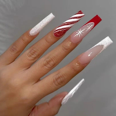 Christmas Acrylic Nails with Glitter and Candy Stripe Art | Long Coffin Press On Tips | Comfortable Fit for Parties