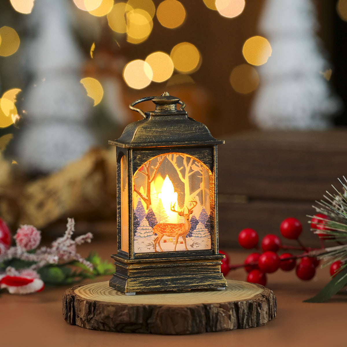Snowman Scene Christmas Decorations in a Small Flame Lantern | Glittering Trees Around the Figure | Soft Glow for Tabletops