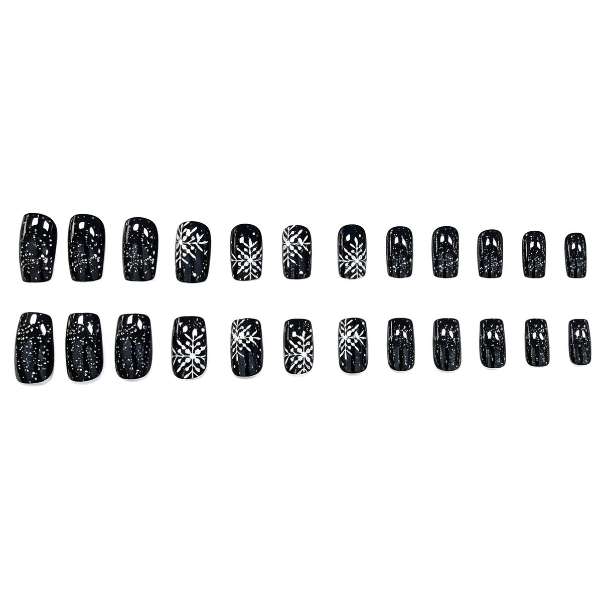 Black Christmas Nails with White Snowflake Art | Long Press-On Tips in a Glossy Finish | Elegant Pick for Winter Parties