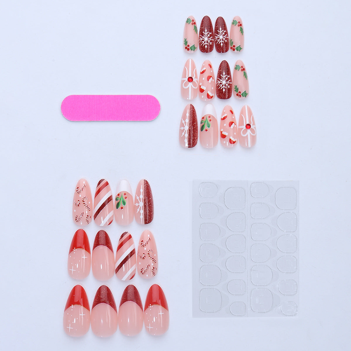 Candy Cane Nails with Christmas Snowflake Motifs | Glossy Press On Nail Designs | Festive Winter Manicure Kit for Home