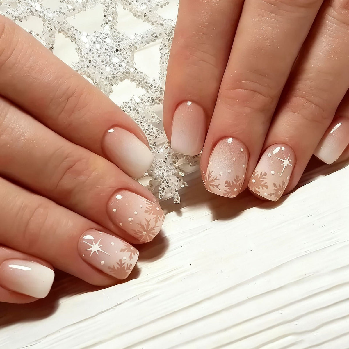 Winter Snowflake Press-On Nails in White and Nude Ombre | Glitter Accent Finish | Easy Christmas Manicure for Beginners