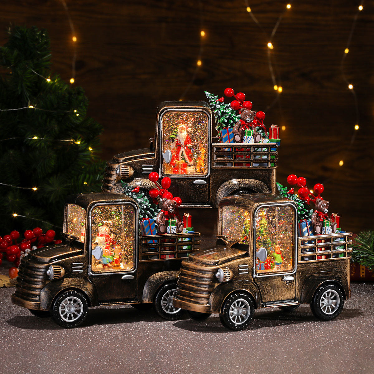 Vintage Truck Decoration with Christmas Lights | Santa Scene and Wrapped Gifts on the Back | Indoor or Outdoor Centerpiece