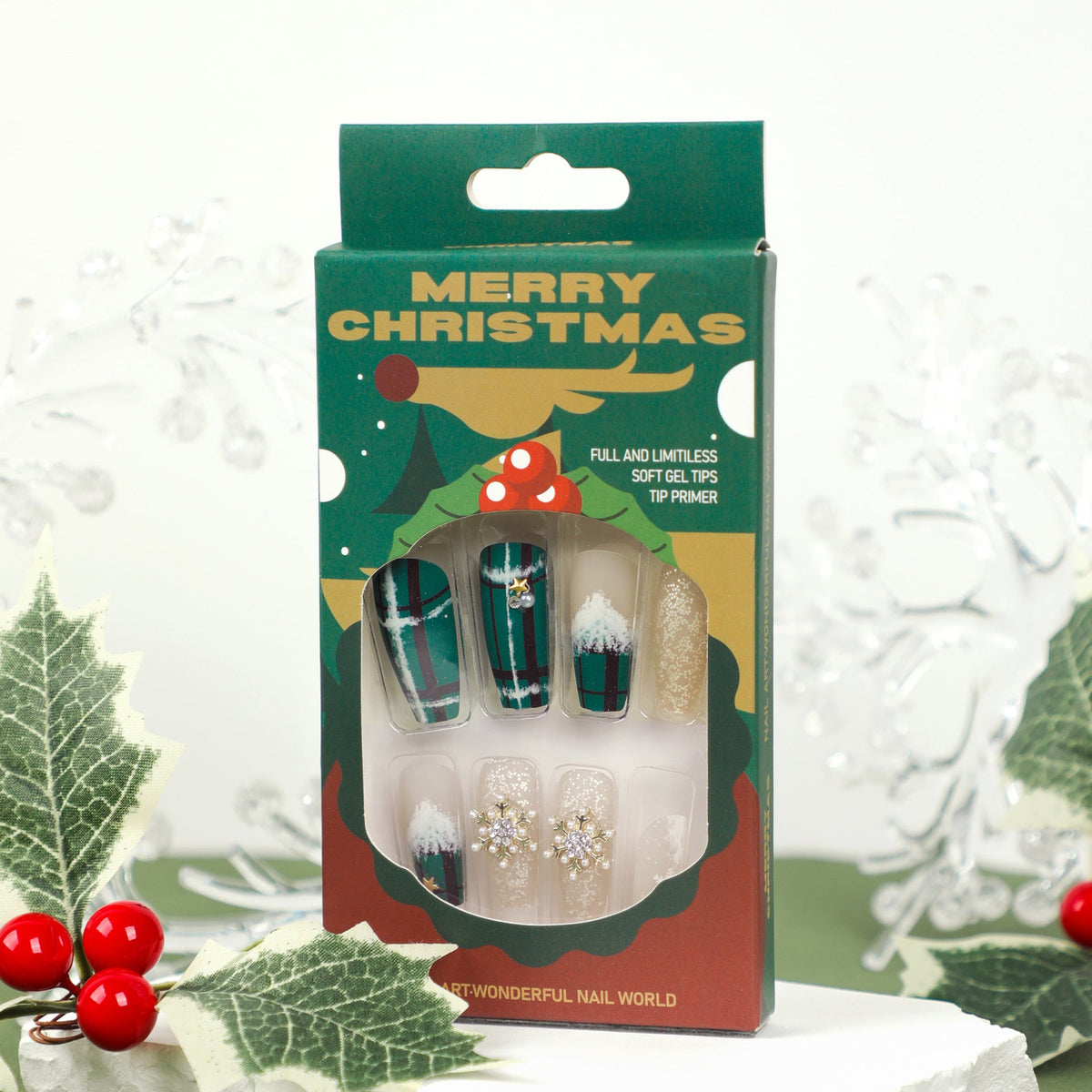 Christmas Nails Set with Snowflake and Glitter Art | Twenty Four Long Coffin Tips | Lightweight Fit with Glue Included