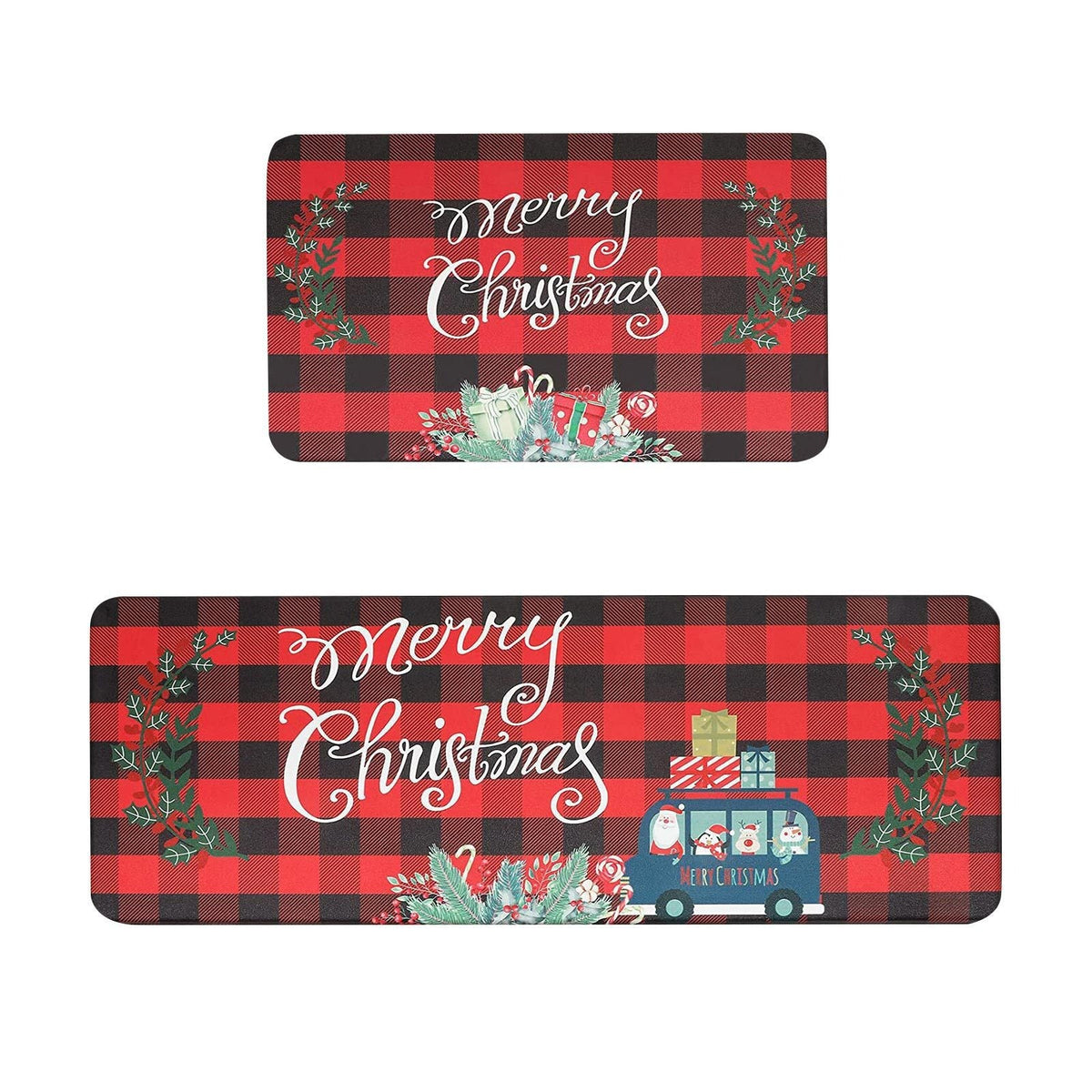 Christmas Door Mat with Snowmen, Gnomes and Holiday Sayings | Red and Turquoise Festive Rug | Several Sizes Available