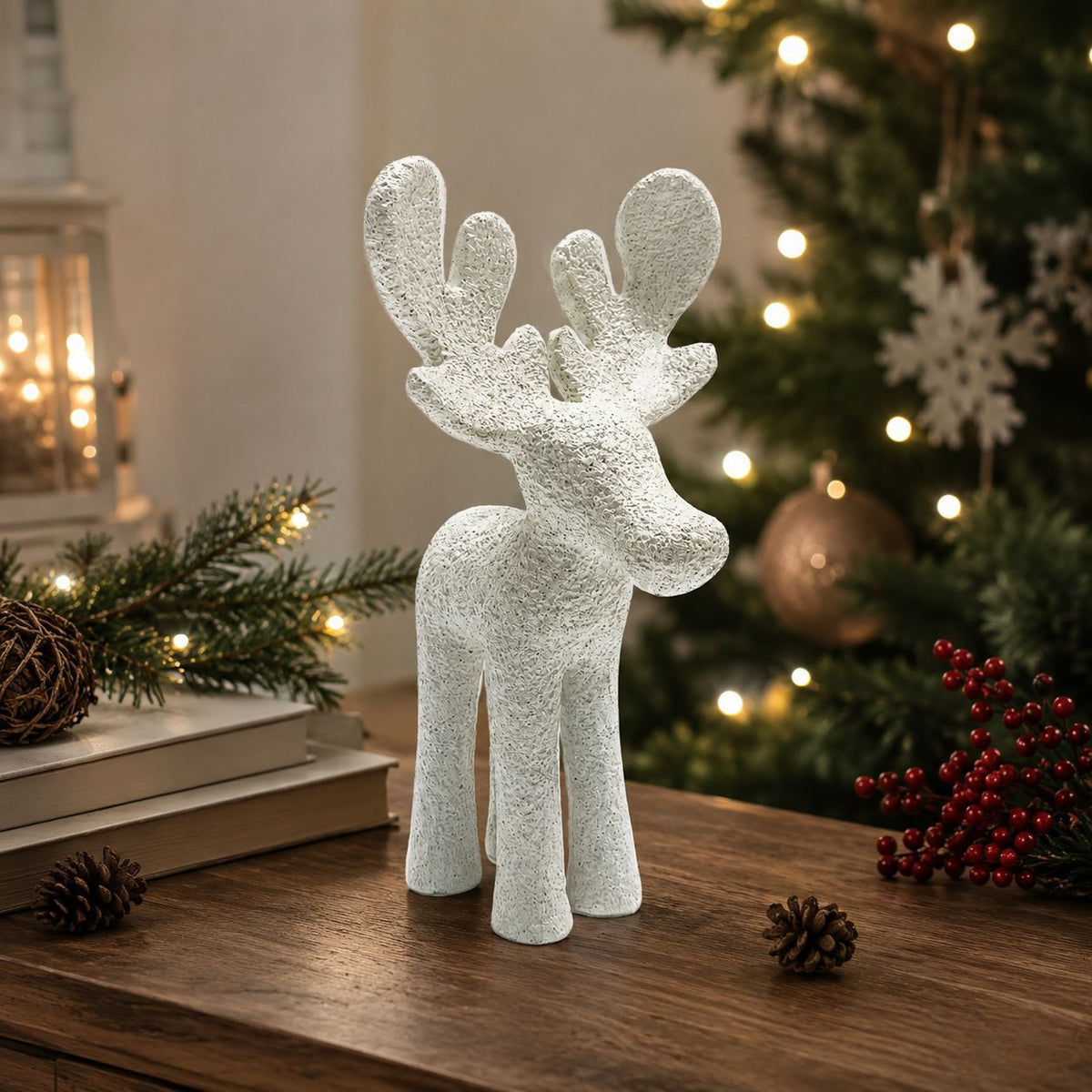 Reindeer Figurine in Resin, 19.5 cm Tall | Christmas Deer Decor for Holiday Tables | Festive Xmas Sculpture in White or Gold