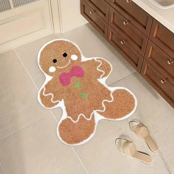 Gingerbread Shaped Bath Mat in Soft Plush | Non-Slip Christmas Bathroom Rug | Cute Festive Floor Accent in Pink