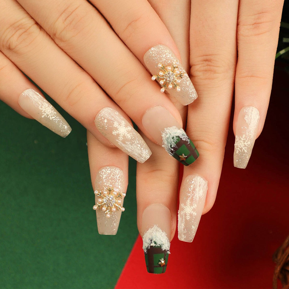 Christmas Nails Set with Snowflake and Glitter Art | Twenty Four Long Coffin Tips | Lightweight Fit with Glue Included