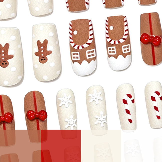 Gingerbread Nails with Candy Cane and Bow Art | Long Coffin Tips in Nude and White | Salon Quality Finish at Home
