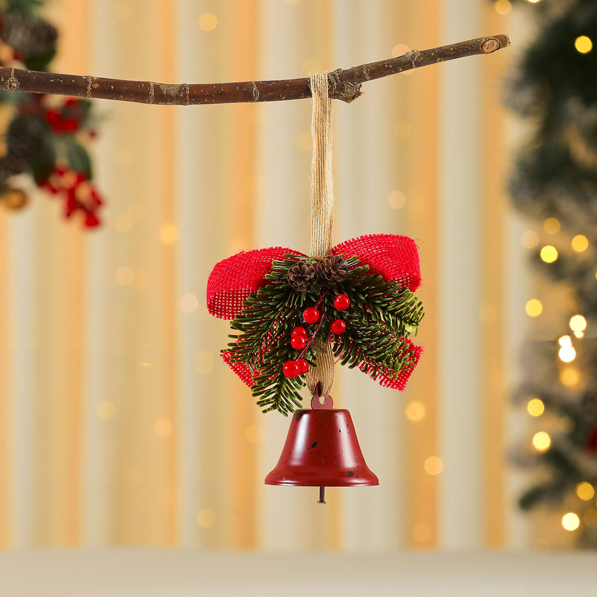 Christmas Ornaments with Bell, Red Bow and Faux Greenery Accent | Sturdy Cord for Tree or Door Hanging | Four Classic Colorways