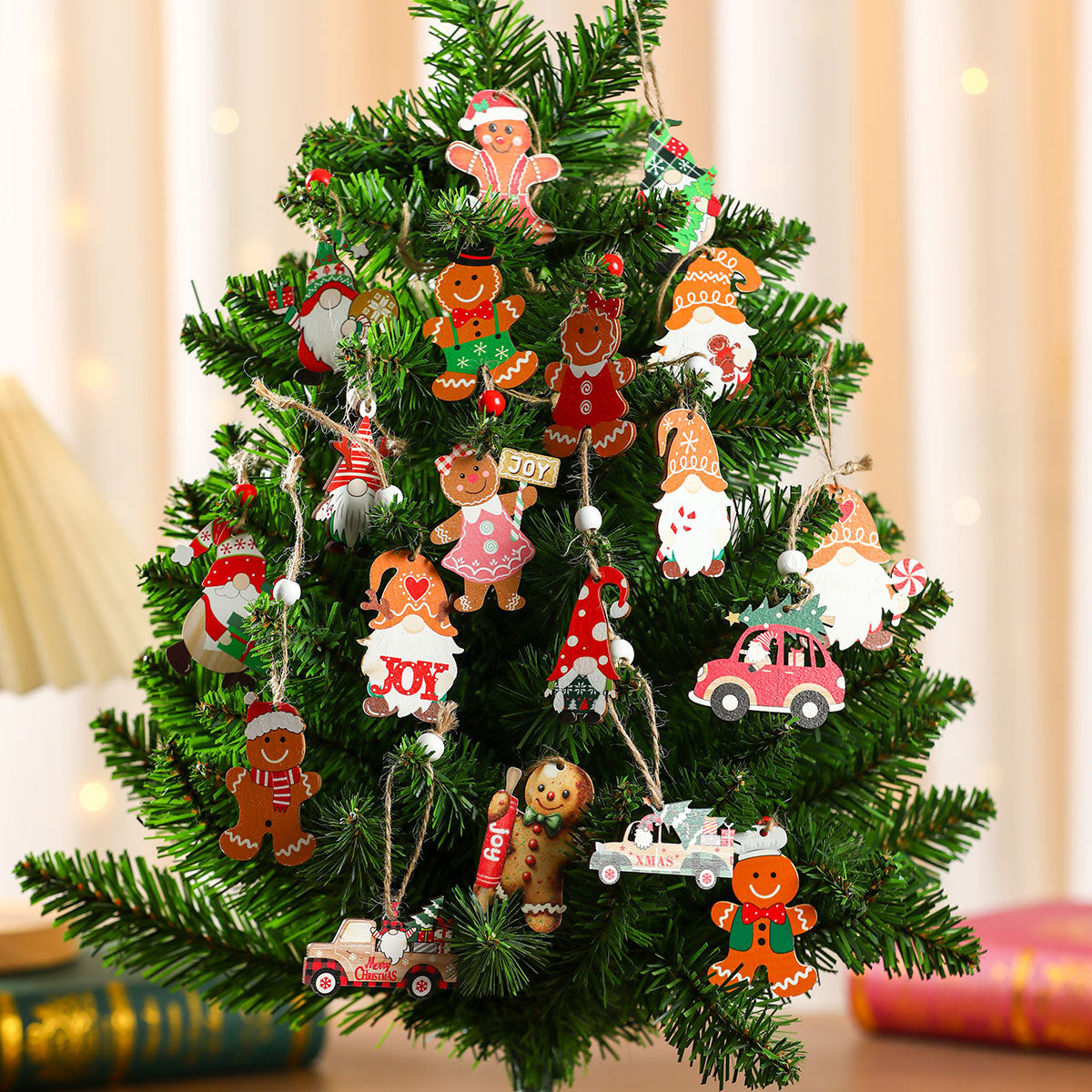 Gnome Christmas Ornaments Set with String Included | Hang on Trees, Wreaths or Gift Tags | Lightweight Wooden Decorations